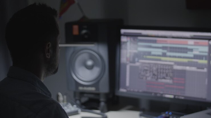Producer, Sound engineer, musician checking the sound mix in his studio and reacting to the music groove