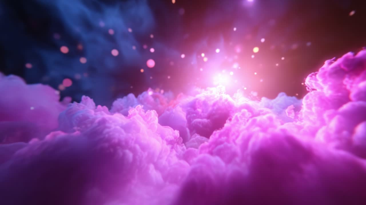 A Stunning Cosmic Nebula Displaying Ethereal Pink and Purple Clouds Illuminated by Shimmering Stars Amidst a Celestial Background of Deep Blue Hues