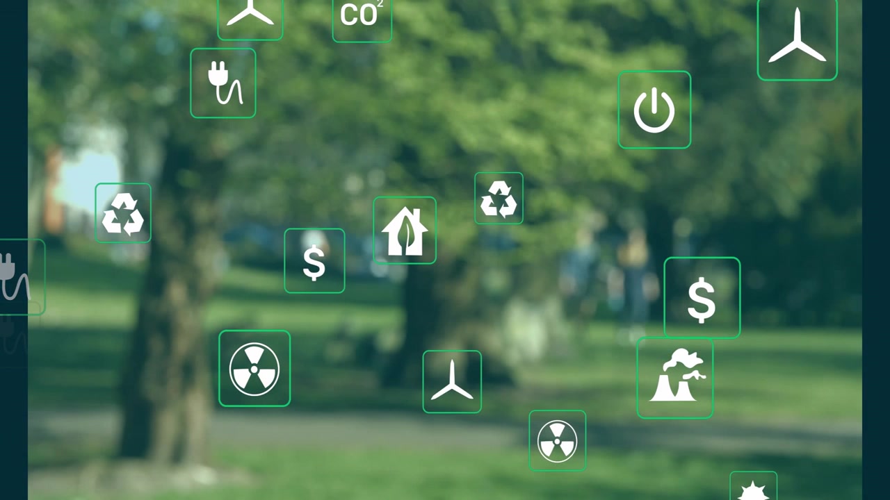 Translucent green icons appearing as camera panning, drifting and grouping to show energy impacts