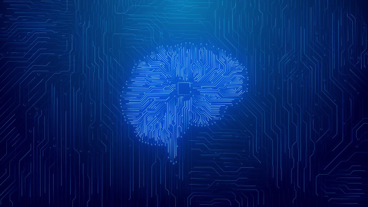 Video footage of digital human brain designed neon circuitry glowing lines artificial intelligence