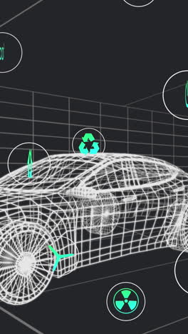 animación de iconos que procesan datos de estado sobre un modelo de coche 3d que se mueve sobre un fondo negro