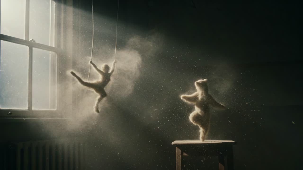 A Magical Dance of Yarn Figures in a Dusty Room: Capturing the Elegance and Grace of Two Artfully Crafted Puppets in Soft, Diffused Light