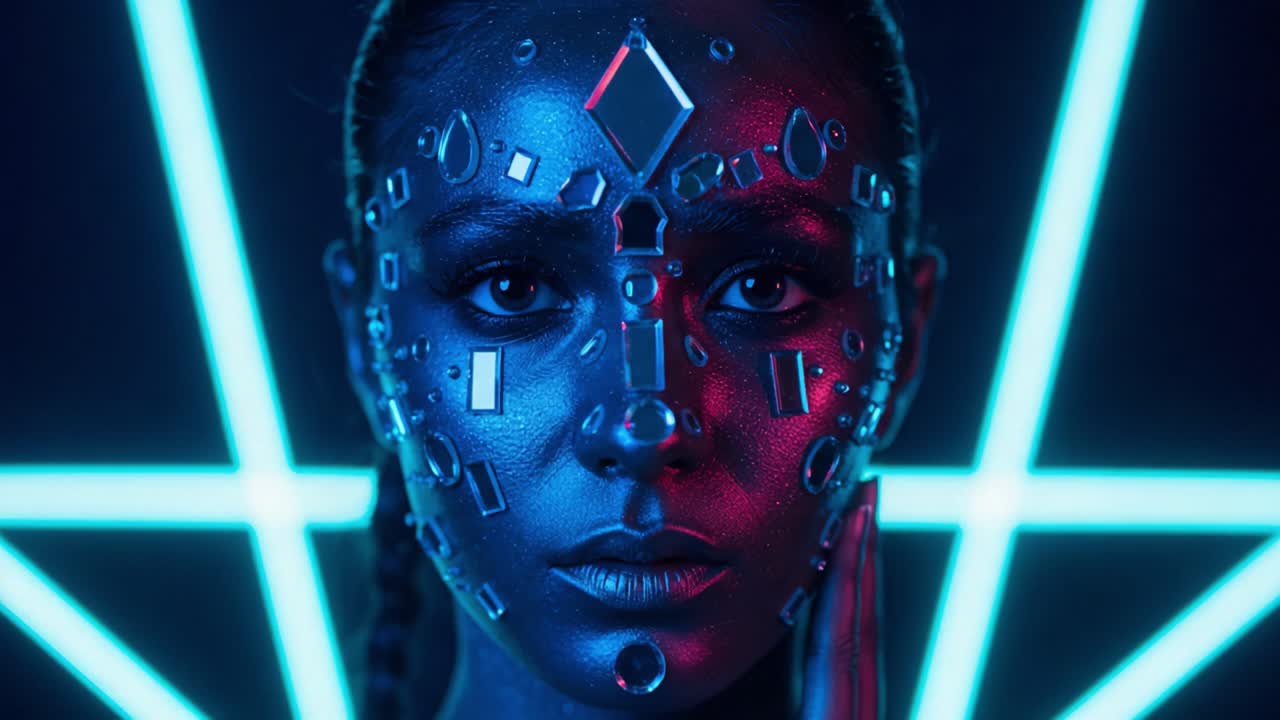 A Stunning Portrait of a Futuristic Individual with Metallic Face Art and Neon Lighting, Reflecting a Unique Blend of Technology and Artistic Expression