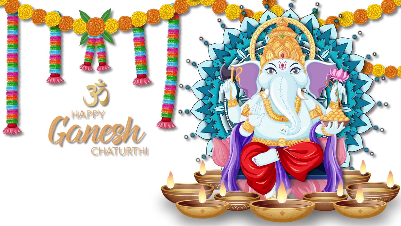 Uma ilustração colorida de Ganesha aparece com mandalas, guirlandas e lamparinas acesas em fundo branco.