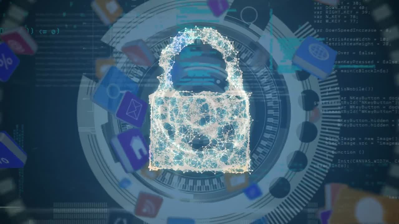 animación de un candado digital sobre un fondo azul con procesamiento de datos e iconos digitales