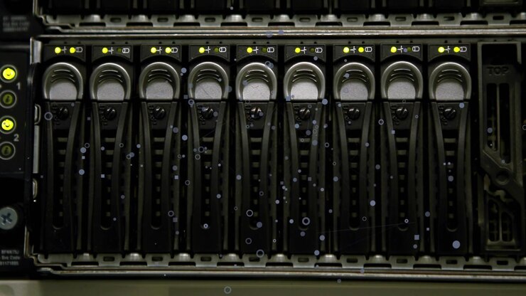Server drive bay showing caddies with handles, LEDs while airflow drifting dust down for monitoring