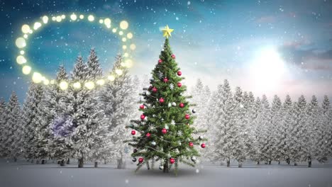 Decorative-shining-lights-against-snowflakes-falling-over-christmas-tree-on-winter-landscape