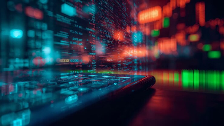 Updating slim phone receiving data feed on trading desk, showing market movement with tickers