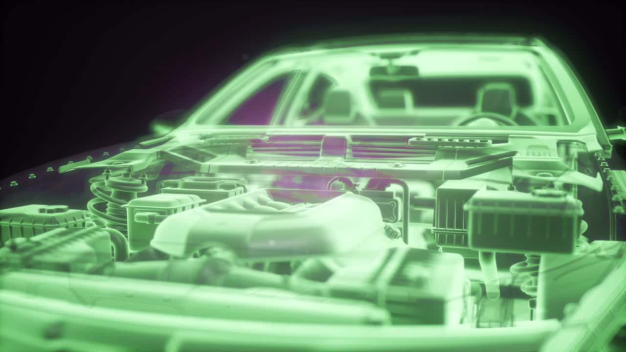 Holographic animation of 3D wireframe car model with engine
