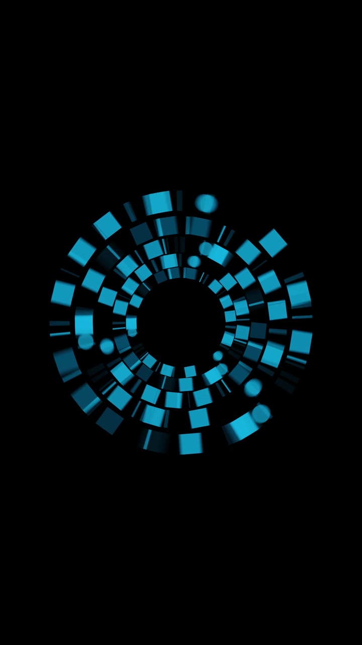 Abstract blue geometric segments rotate to form a futuristic portal or tunnel on black background, sci-fi concept for technology or travel, vertical format