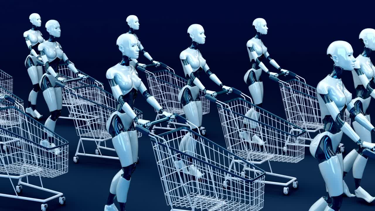 4K concept animation of women robots shopping