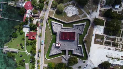 aerial-top-down-of-san-Felipe-fuerte-historical-attraction-in-Bacalar-Mexico