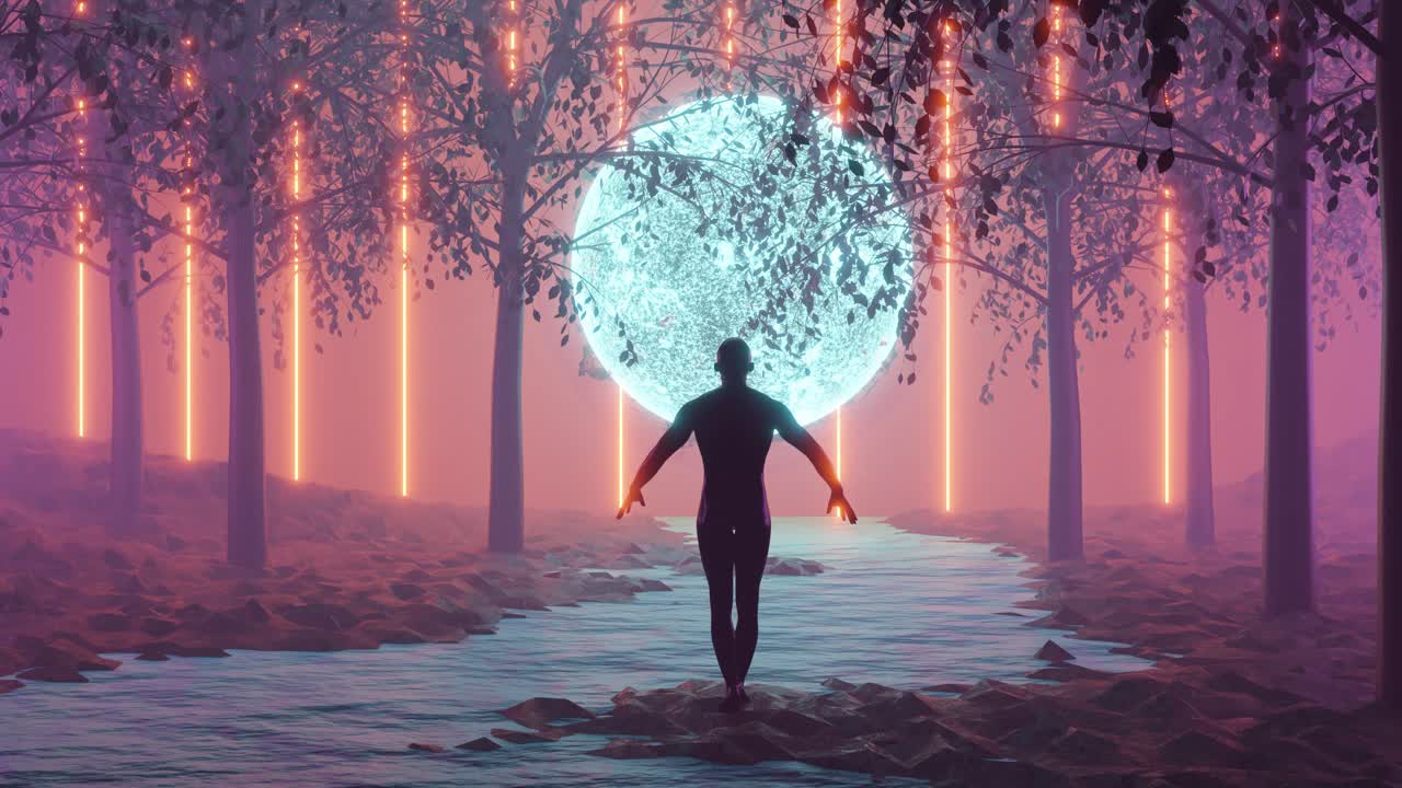 Neon Forest with Celestial Moon and Figure