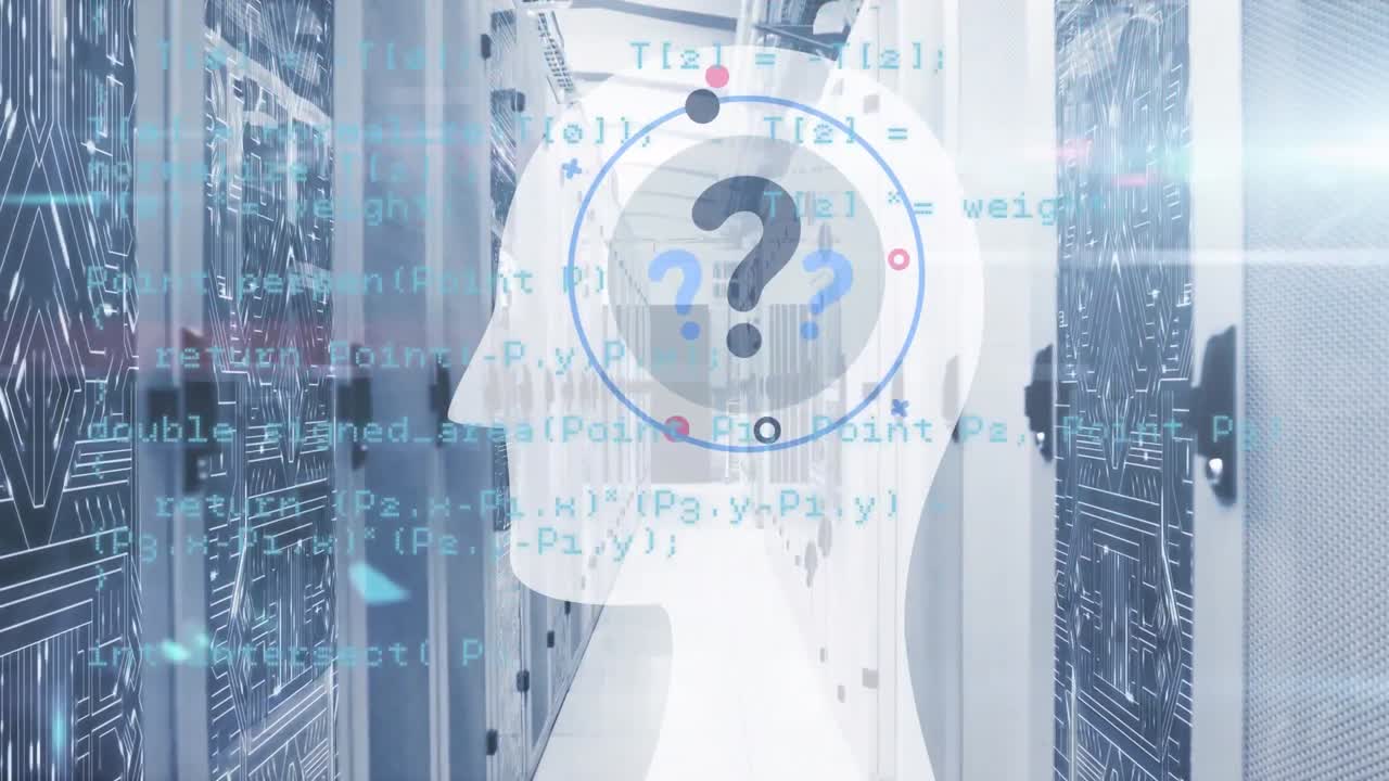 Animation of data processing with question marks in human head over tech room with computer servers
