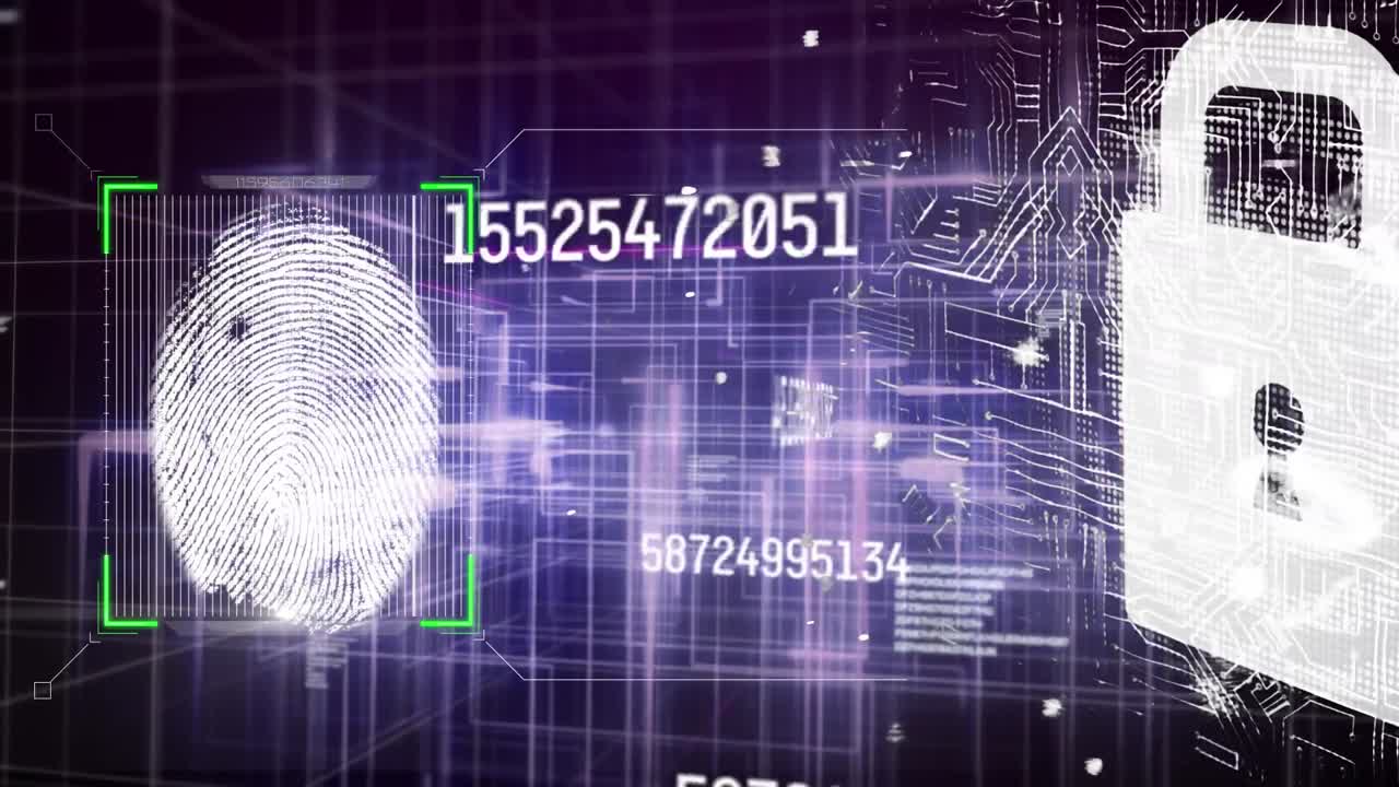 animación de números que cambian el procesamiento de datos con huellas dactilares biométricas