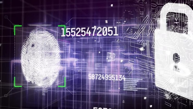 Animation of numbers changing data processing with biometric fingerprint