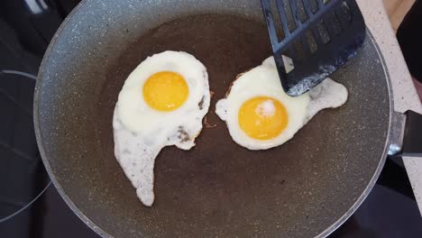 two fried eggs, sunny side up, in a hot pan, close up