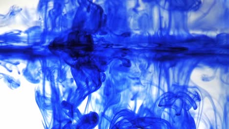 Langsame-Blaue-Tinte-Auf-Weißem-Hintergrund,-Verschüttete-Farbige-Farbe-Auf-Einer-Transparenten-Flüssigkeit,-Ins-Wasser-Fallender-Tropfen-Blauer-Tinte,-Tropfen-Aquarellfarbe,-Schießstudio-Für-Explosion