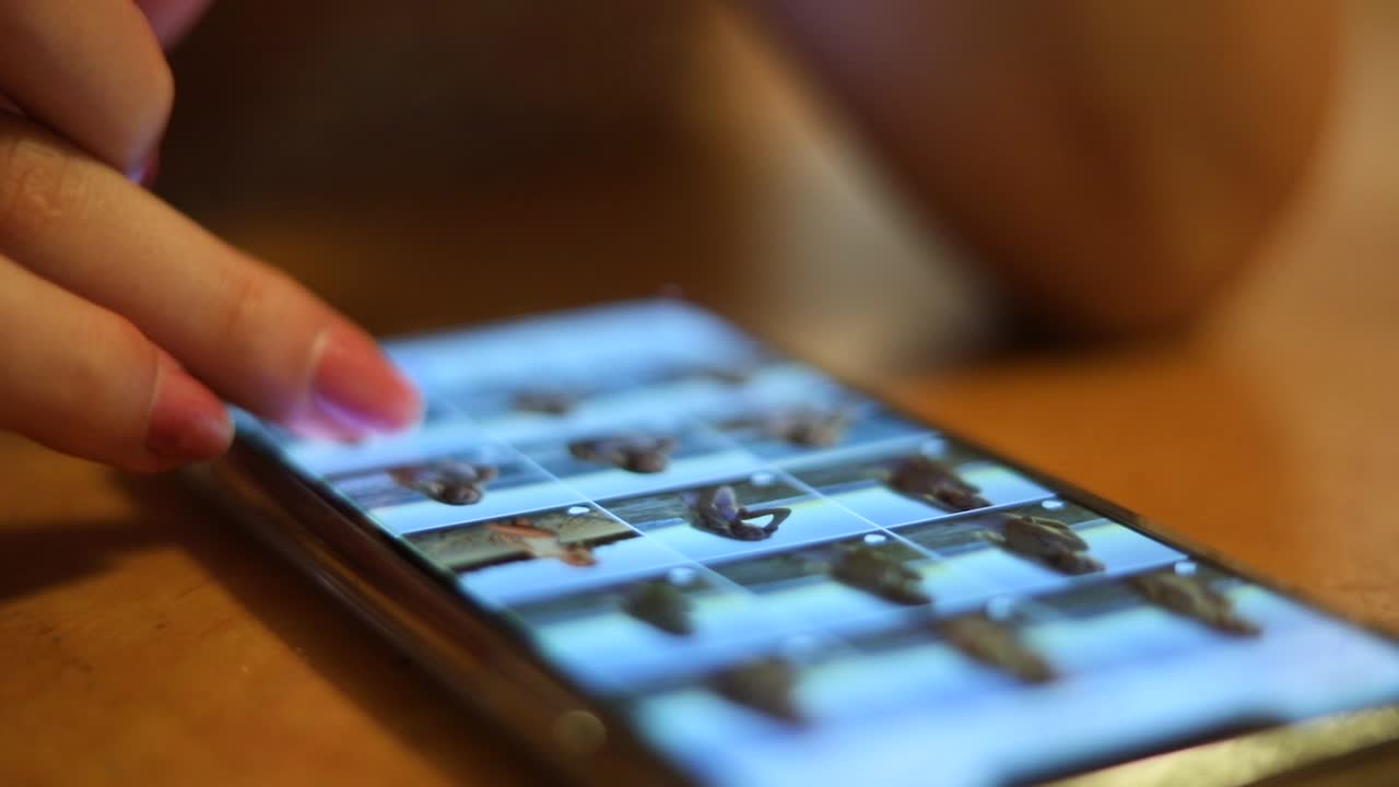 una adolescente revisando imágenes en su teléfono celular tratando de elegir una para publicar en las redes sociales