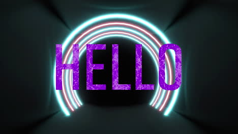 animation of hello text over neon tunnel on black background