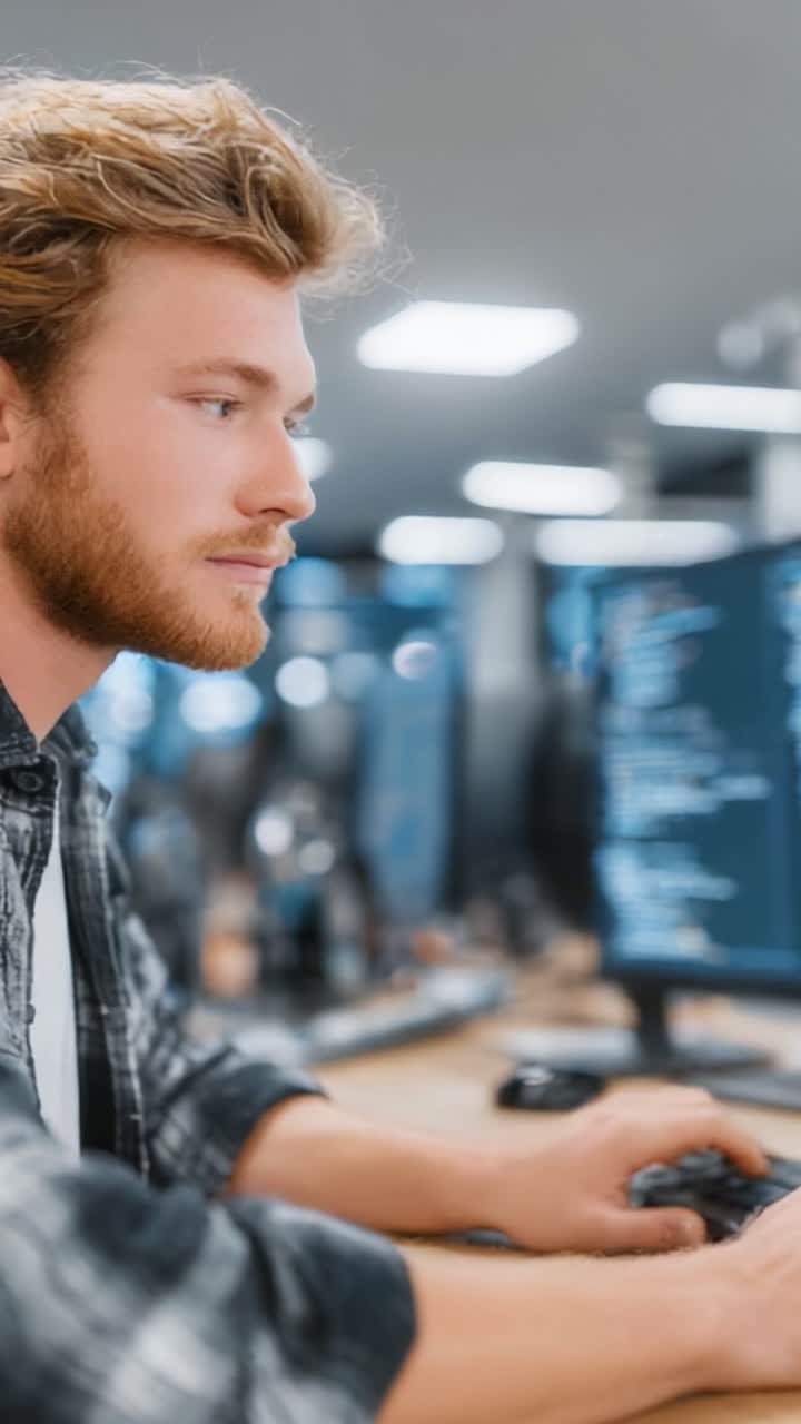 Focused Programmer Working in a Modern Tech Environment, Engaging with Code on Multiple Monitors in a Collaborative Workspace Setting