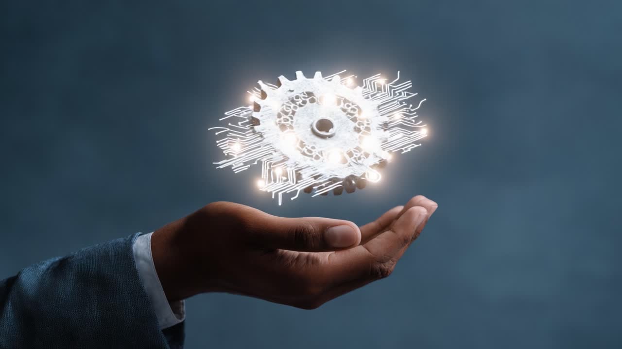 A Human Hand Supporting a Futuristic Gear Floating in Mid-Air, Symbolizing Innovation, Technology, and Mechanical Precision in a Contemporary Digital World