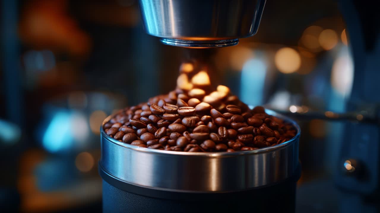 Chicchi di caffè appena macinati in un macinino moderno, che mettono in risalto la consistenza intensa e l'aroma dei chicchi sapientemente preparati per l'infusione, ricchi di sapore e aroma