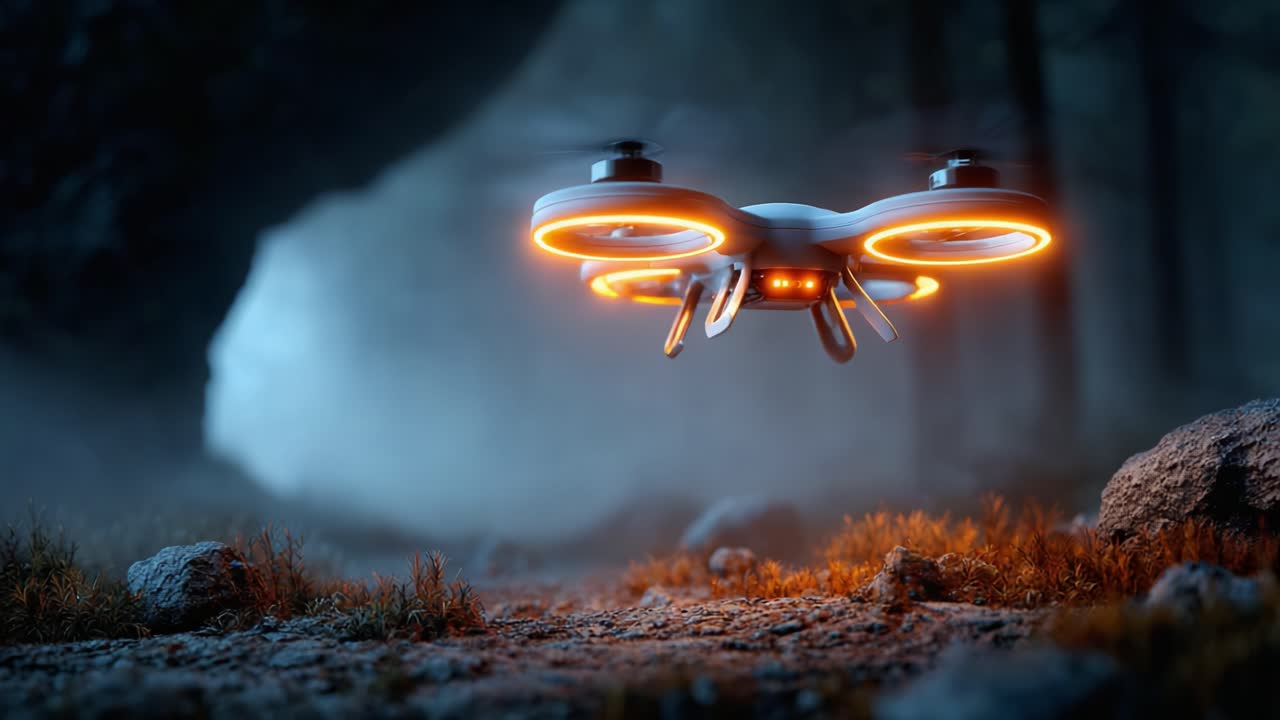 Aerial Adventure: A Futuristic Drone with Vibrant Orange Lights Hovering in a Mystical Forest Landscape, Capturing the Essence of Exploration and Technology