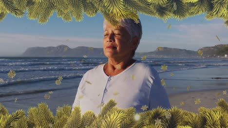 animation of christmas decorations over biracial woman on beach