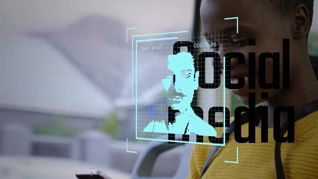Animation of people icons and social media text over african american woman in bus