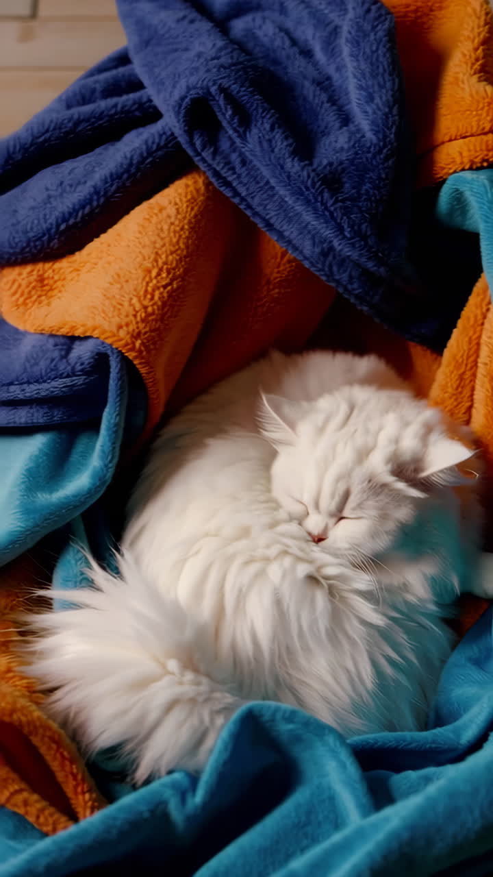 White Cat Snuggled Under Colorful Blankets