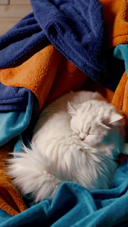 white cat snuggled under colorful blankets