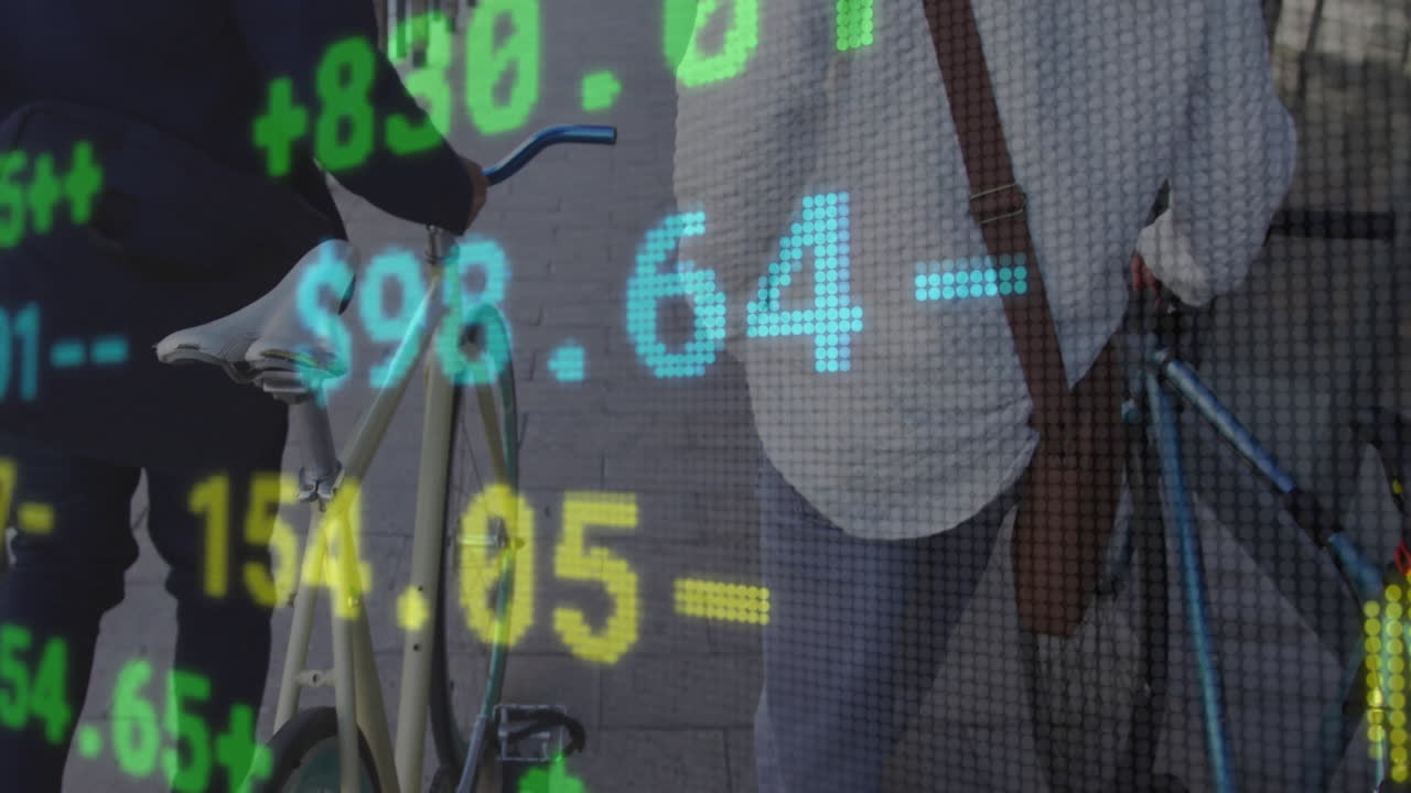 Two male professionals pushing bicycles along urban walkway, overlaying animated stock figures