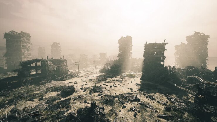 Abandoned metropolitan scene with extended shadows and ruined buildings