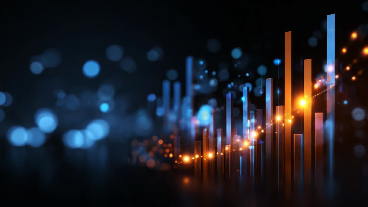 Dynamisk visualisering av abstrakt datarepresentasjon med fargerike søyler og prikker som illustrerer trender og svingninger mot en mørk bakgrunn for høyteknologiske eller finansielle applikasjoner