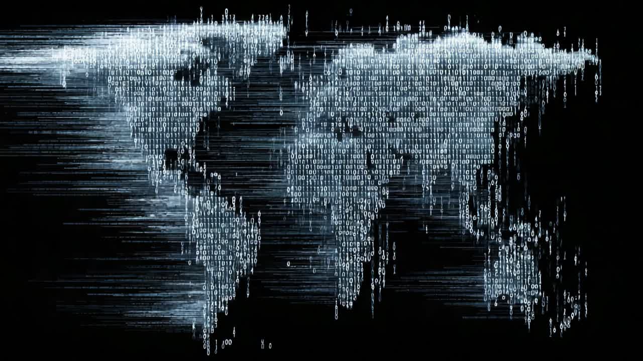 A Dynamic Visualization of a Global Map Composed of Binary Code, Illustrating the Fusion of Technology and Geography in a Contemporary Digital World