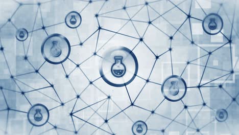 polygonal space with connecting dots and lines. wireframe polygon and icon. round flask with liquid. chemistry beaker icons floating. medicine and chemical connection.