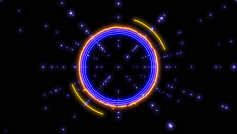 Neonblaue-Kreise-Und-Orangefarbenes-Dreieck-Mit-Glitzer-In-Dunkler-Galaxie