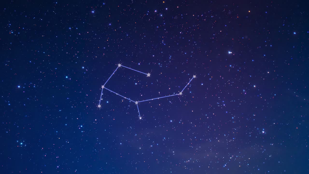 Dibujo de constelación estilizada a partir de un contorno tenue en el cielo nocturno, que forma nodos dorados y líneas blancas