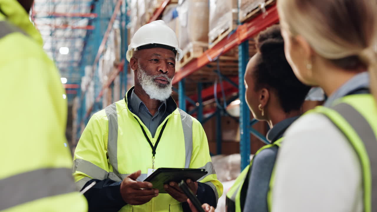 grupo de trabajadores de almacén con chalecos de seguridad y cascos fuertes que tienen una reunión en un almacén