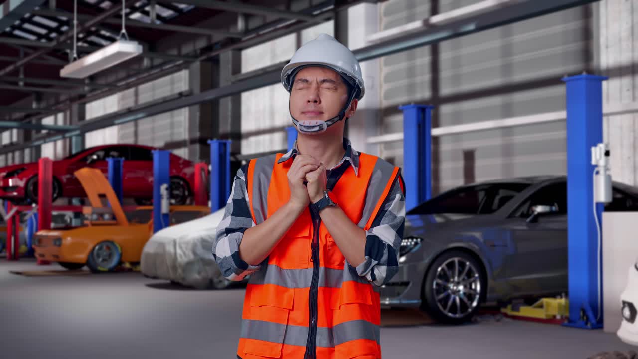 Aasialainen miesinsinööri suojakypärä päässä rukoilee jotakin seisoessaan autokorjaamossa