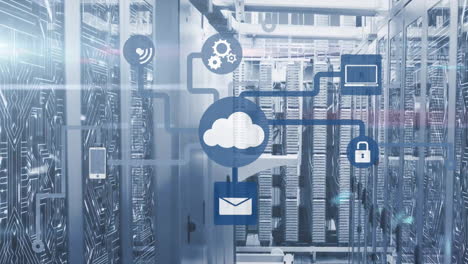 Animation-of-cloud-icon-with-network-of-connections-and-data-processing-over-computer-servers