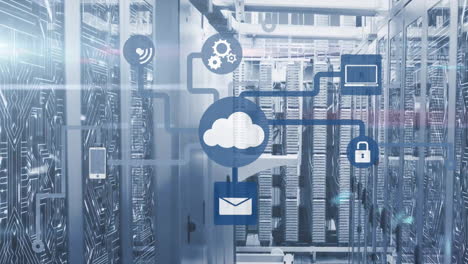 animazione dell'icona cloud con rete di connessioni e elaborazione dei dati su server computerizzati
