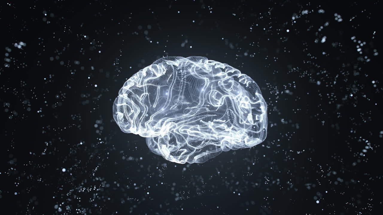 3D animation of a glowing brain rotating on dark dotted background