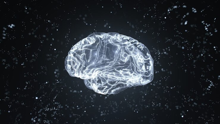 3D animation of a glowing brain rotating on dark dotted background