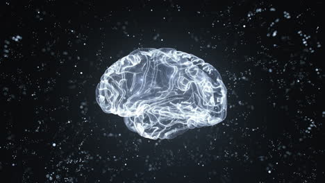 3d animation of a glowing brain rotating on dark dotted background