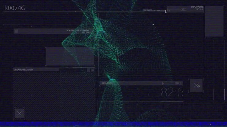 Green point-cloud waveform ribbon twisting through glitch grid display, showing frosted UI panels