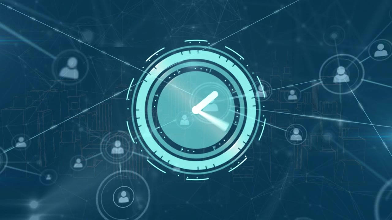 Animation of clock moving animation network of connections over clock