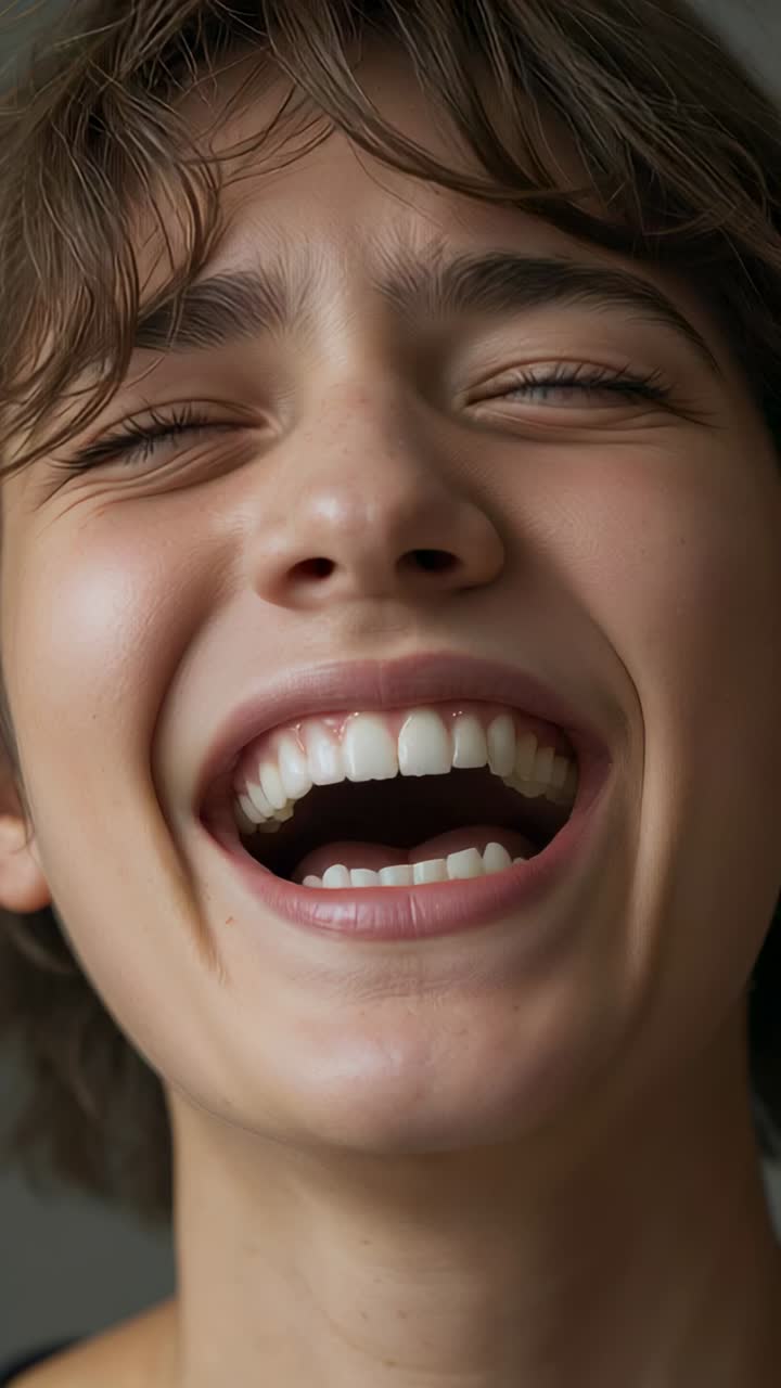 Vertical video: Laughing woman tilting back after offscreen joke in studio in black crewneck top