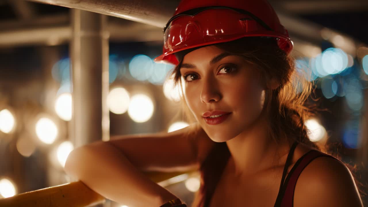 A confident young woman in a hard hat poses with a radiant smile amidst a backdrop of bright lights, showcasing her strength and determination while promoting safety and resilience in the workplace